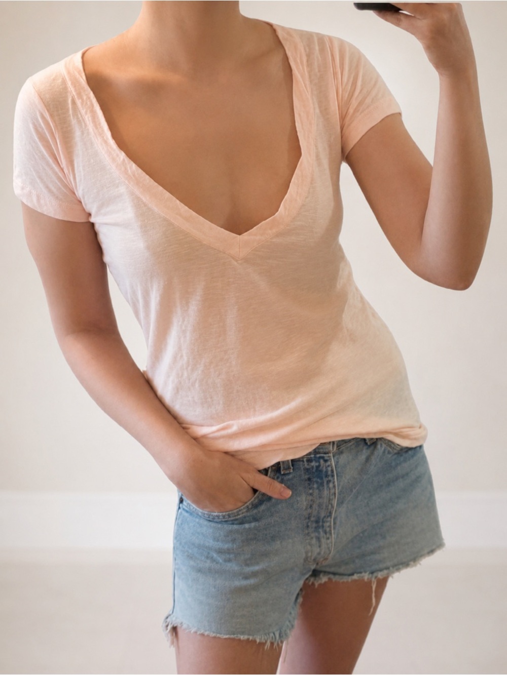 LNA Peach Pink Deep V Neck Short Sleeve Cotton T Shirt Top Extra Small XS / S